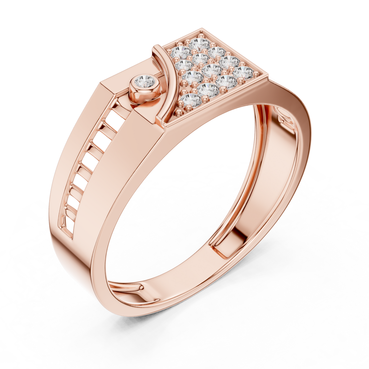 Men's Wide Signet Pavé Moissanite Ring with Bezel Accent in rose 925 sterling silver, view 2