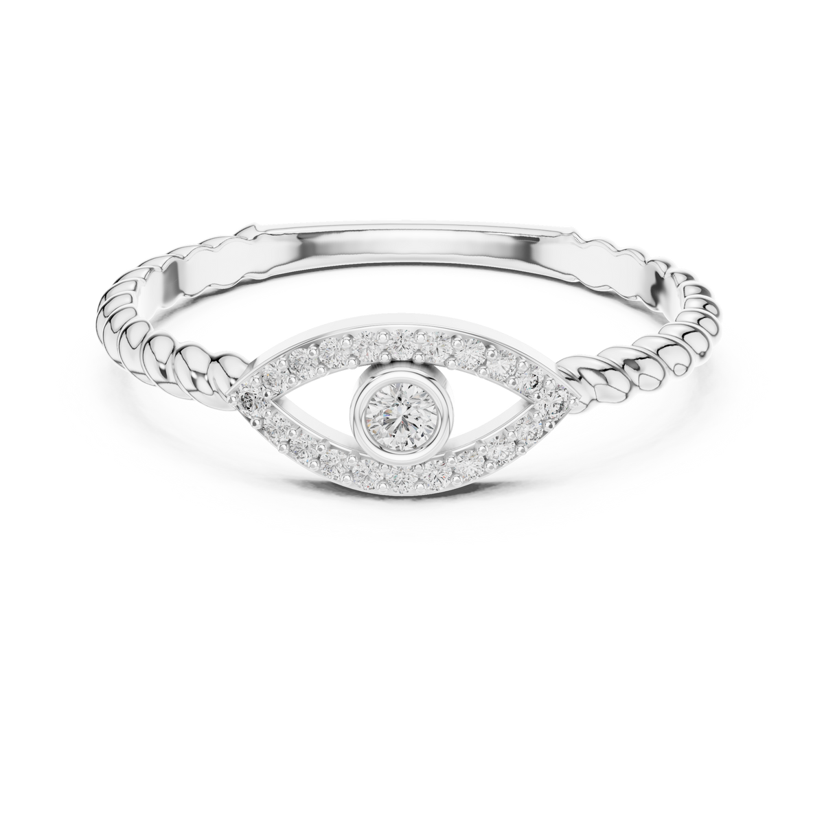 Evil Eye Moissanite Ring with Rope Shank in white 925 sterling silver, view 4