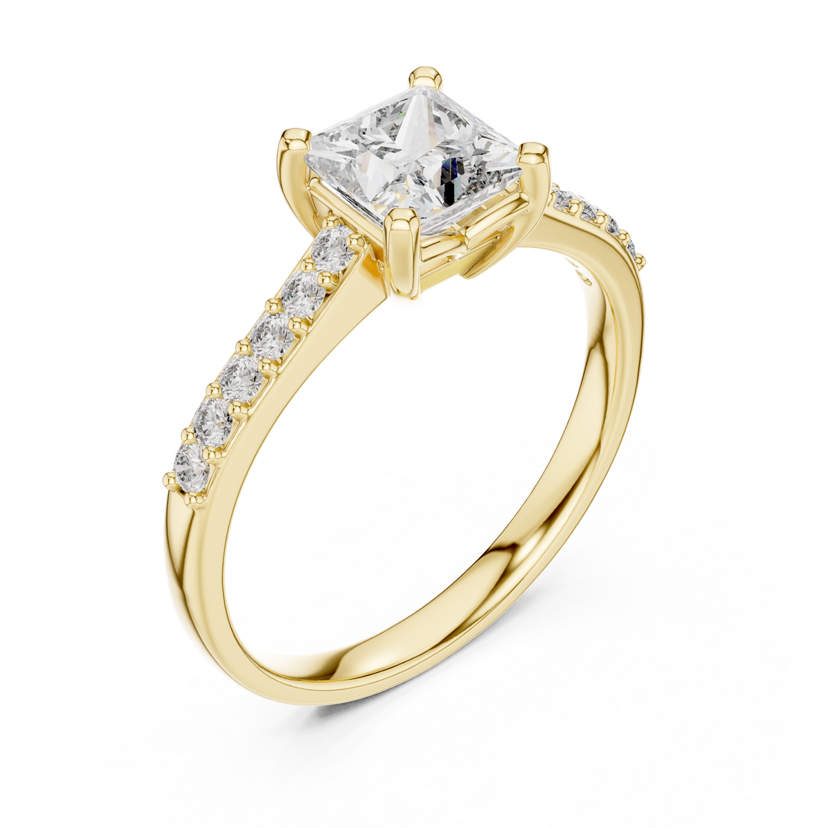Princess Cut Moissanite Ring with Pavé Shoulders in yellow 925 sterling silver, view 2