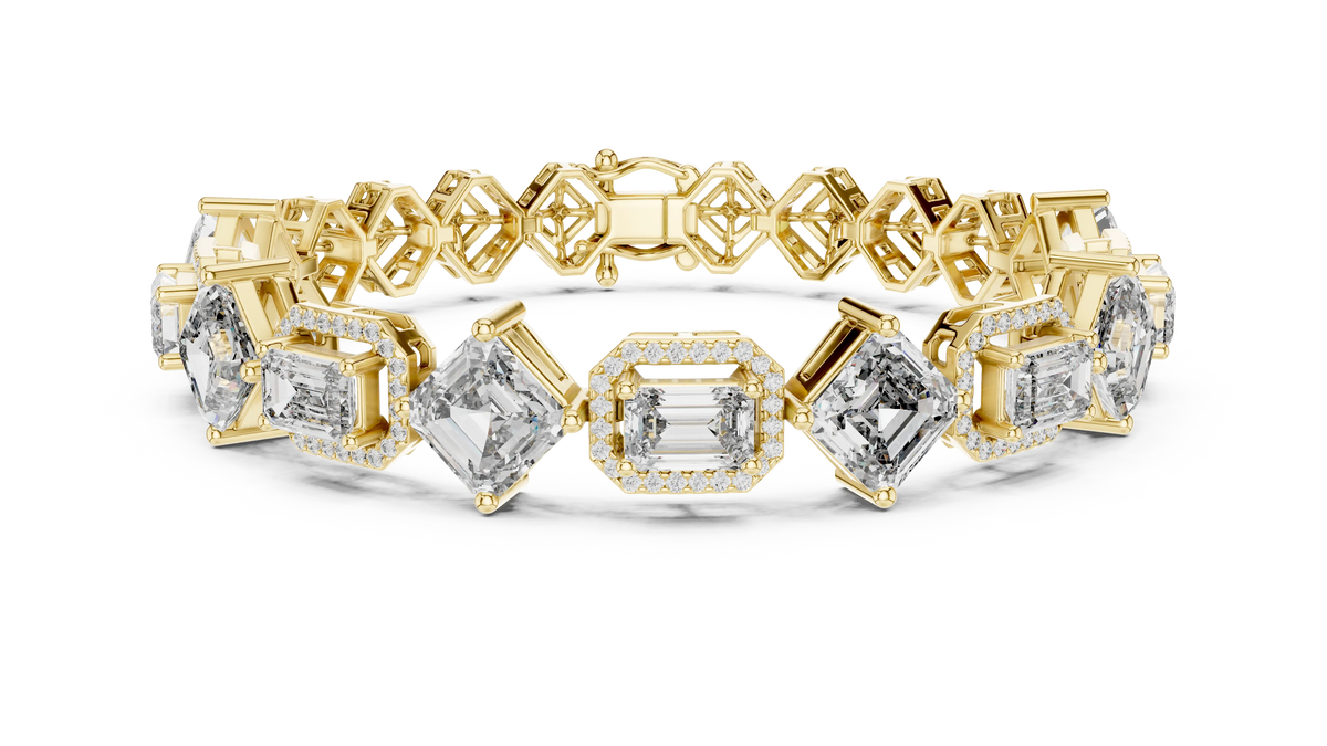 Asscher and Emerald Halo Station Moissanite Bracelet in yellow 925 sterling silver, view 1