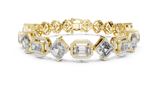 Asscher and Emerald Halo Station Moissanite Bracelet in yellow 925 sterling silver, view 1