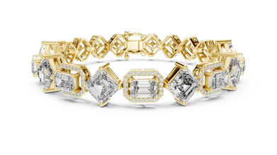 Asscher and Emerald Halo Station Moissanite Bracelet in yellow 925 sterling silver, view 1