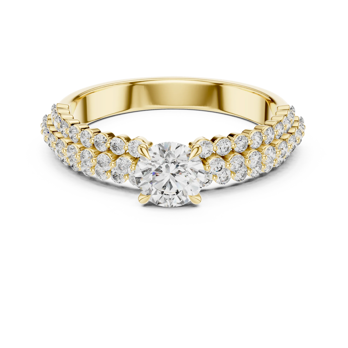 Round Solitaire Moissanite Ring with Double Row Pavé Band in yellow 925 sterling silver, view 4