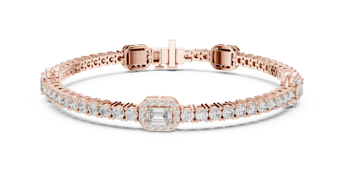 Emerald Halo Station Round Moissanite Tennis Bracelet in rose 925 sterling silver, view 1