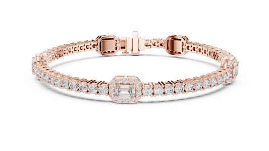 Emerald Halo Station Round Moissanite Tennis Bracelet in rose 925 sterling silver, view 1