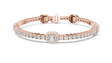 Emerald Halo Station Round Moissanite Tennis Bracelet in rose 925 sterling silver, view 1