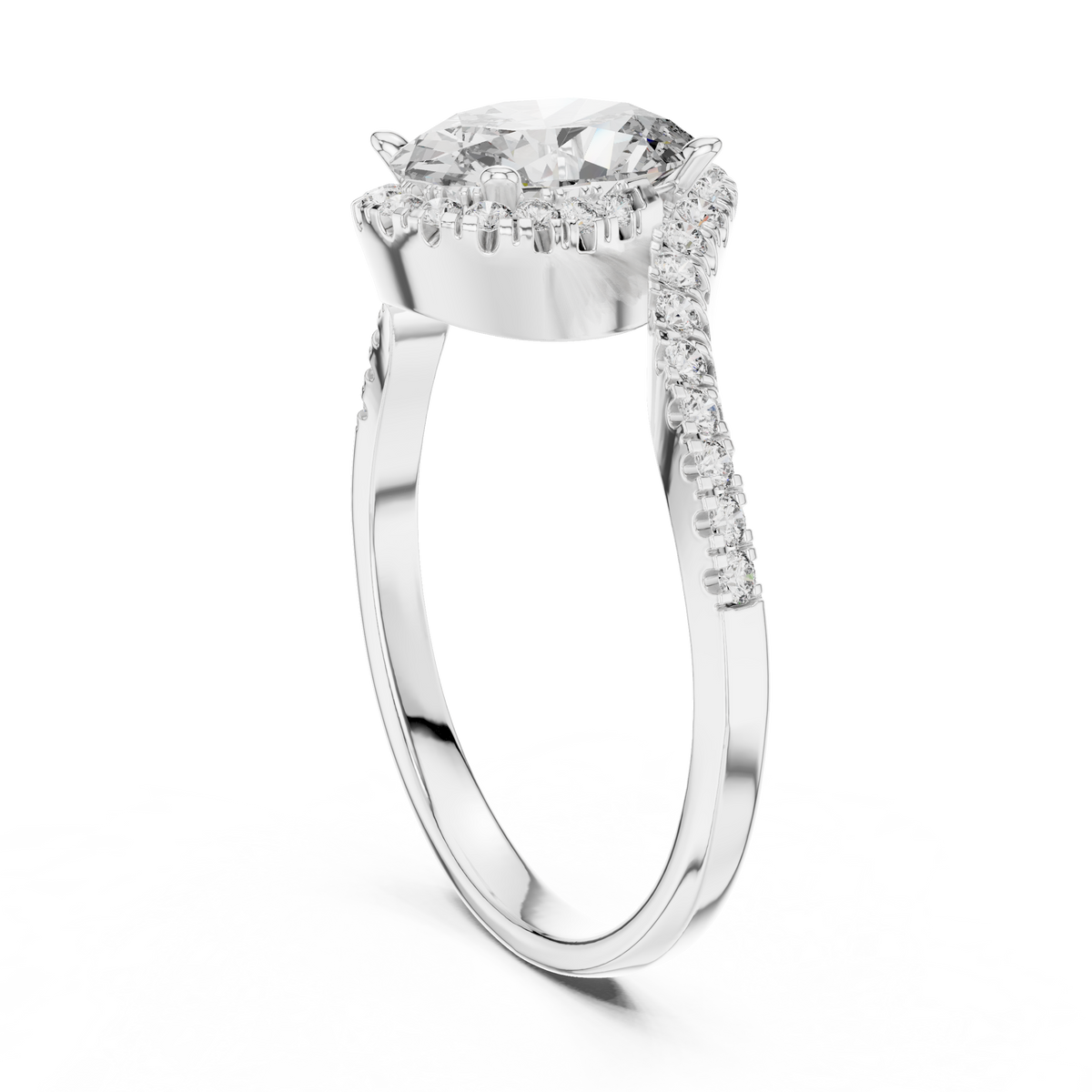 Oval Halo Moissanite Swirl Bypass Ring in white 925 sterling silver, view 1