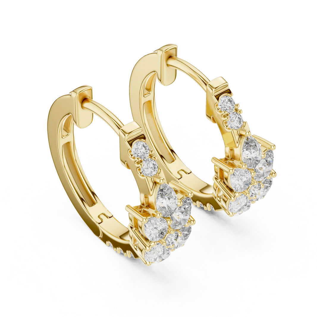 Pear moissanite cluster huggie hoop earrings in yellow 925 sterling silver, view 2