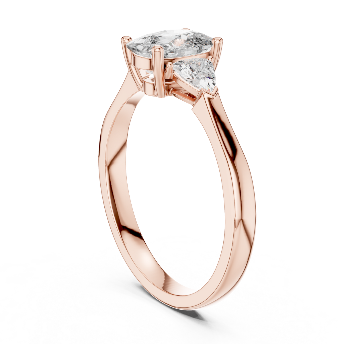 Cushion Cut and Curved Trillion Three Stone Moissanite Ring in rose 925 sterling silver, view 1