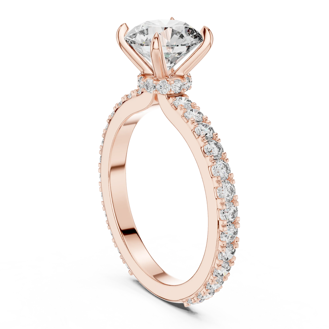 Round Solitaire Moissanite Ring with Hidden Halo and Pavé Band in rose 925 sterling silver, view 1