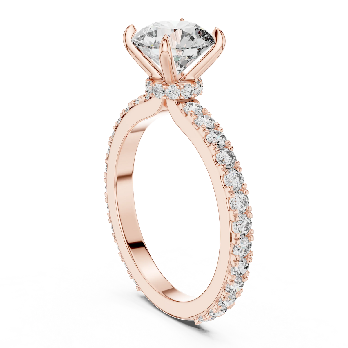 Round Solitaire Moissanite Ring with Hidden Halo and Pavé Band in rose 925 sterling silver, view 1