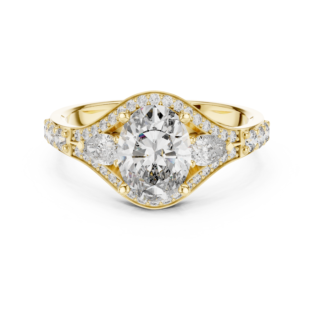 Oval and Pear Moissanite Halo Ring with Split Pavé Shoulders in yellow 925 sterling silver, view 4