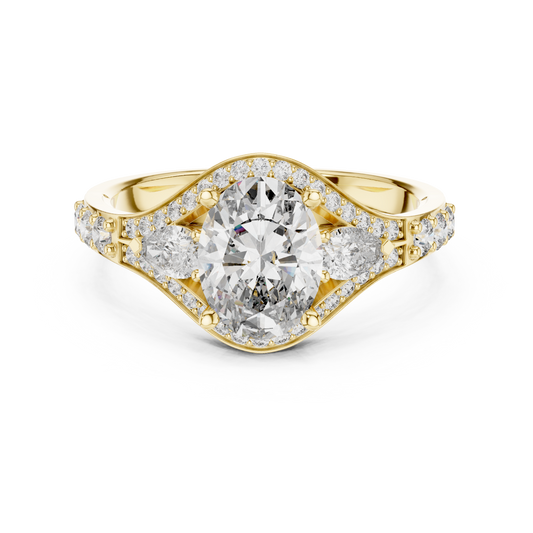 Oval and Pear Moissanite Halo Ring with Split Pavé Shoulders in yellow 925 sterling silver, view 4