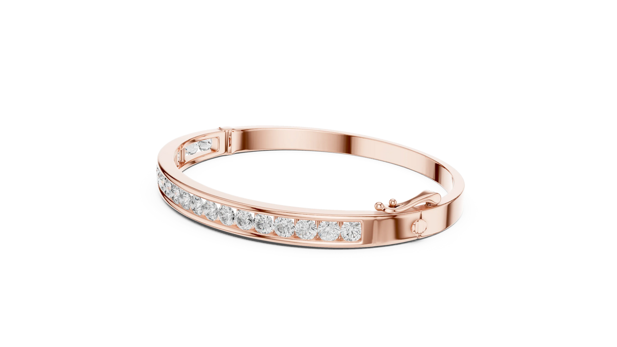 Channel Set Round Moissanite Hinged Bangle in rose 925 sterling silver, view 2