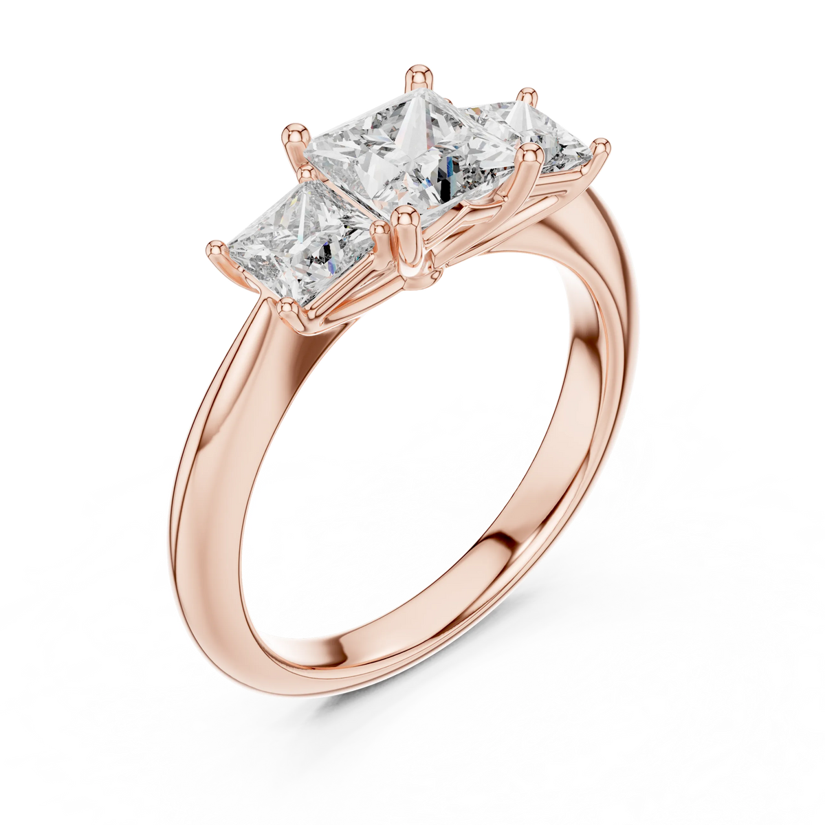 Princess Cut Three Stone Moissanite Ring in rose 925 sterling silver, view 2