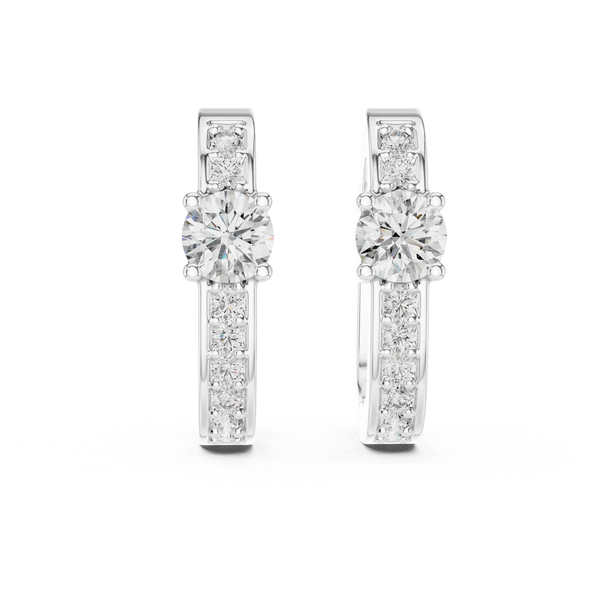 Moissanite solitaire pave huggie earrings in white 925 sterling silver, view 4