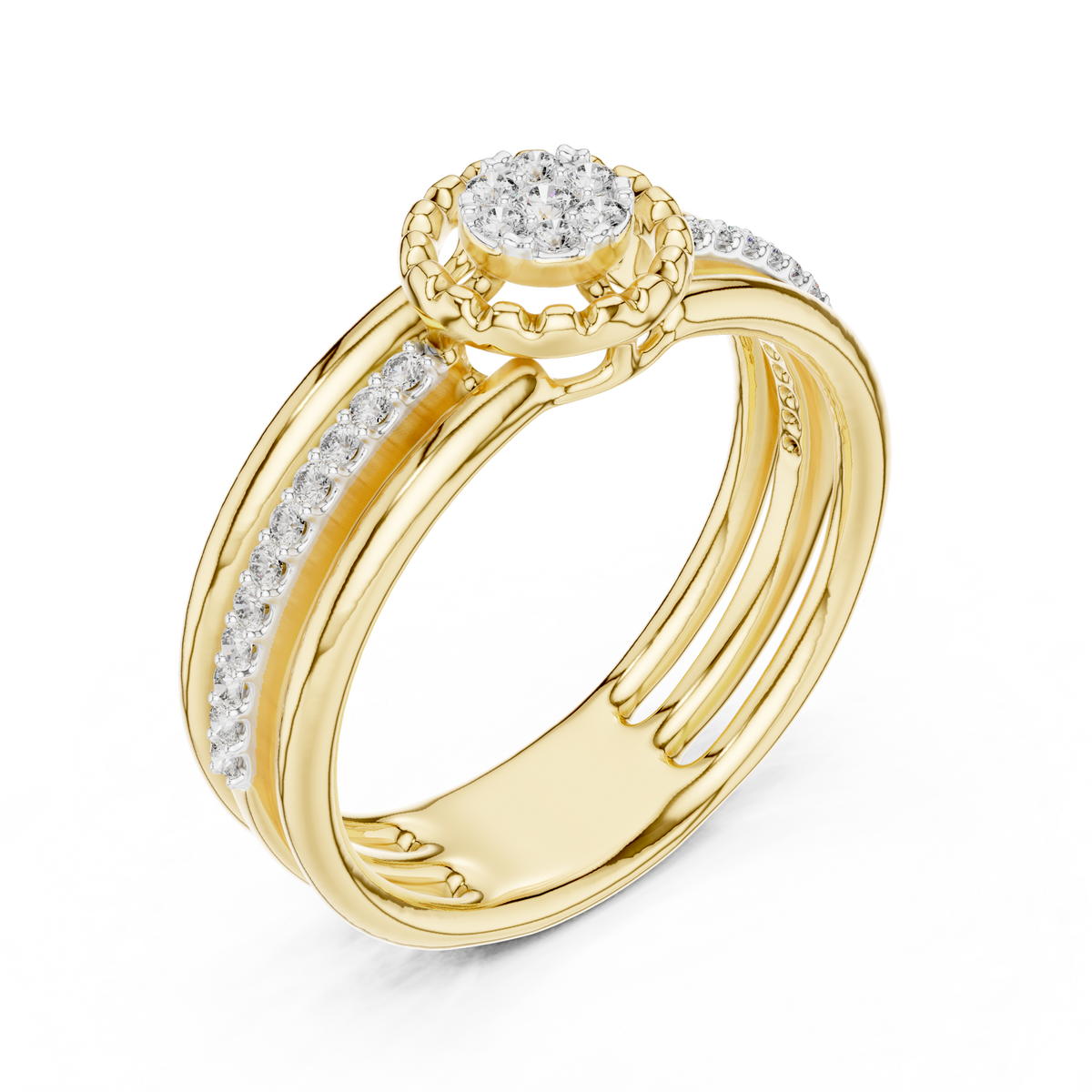 Triple Row Cluster Moissanite Ring in yellow 925 sterling silver, view 2