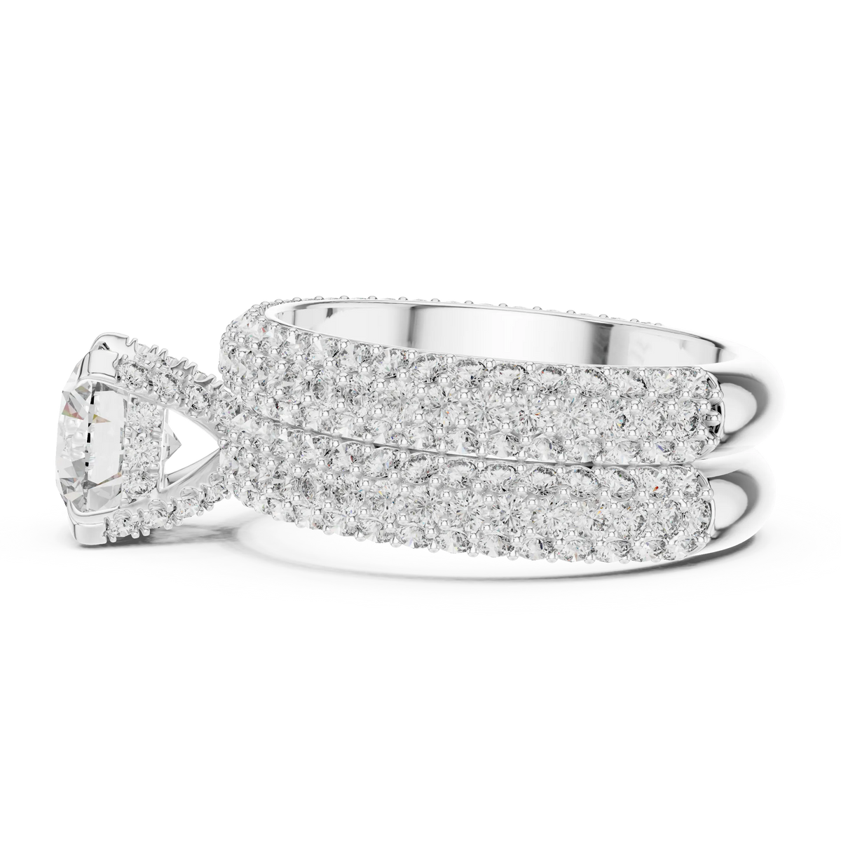 Round Solitaire Moissanite Ring with Wide Pavé Band in white 925 sterling silver, view 3