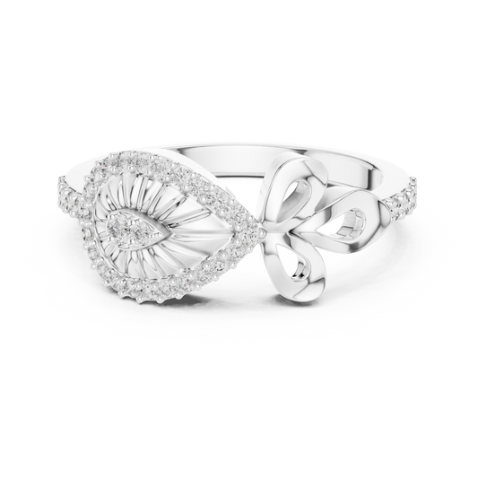 Teardrop Sunburst and Bow Pavé Moissanite Ring in white 925 sterling silver, view 4