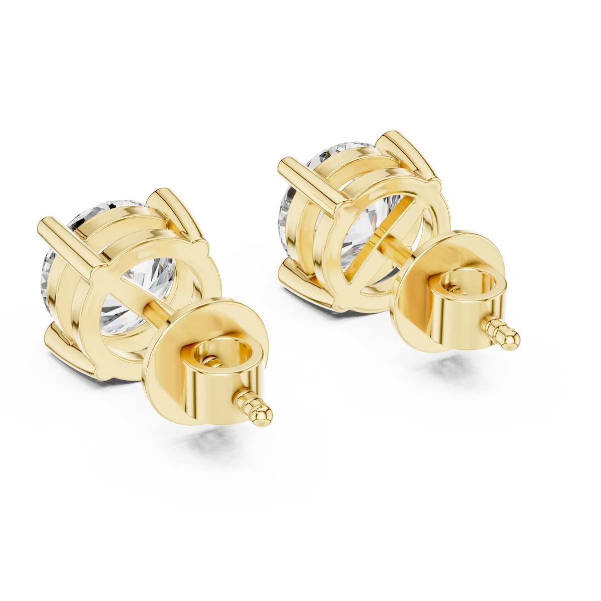 Round moissanite tiger prong stud earrings in yellow 925 sterling silver, view 3