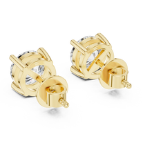 Round moissanite tiger prong stud earrings in yellow 925 sterling silver, view 3
