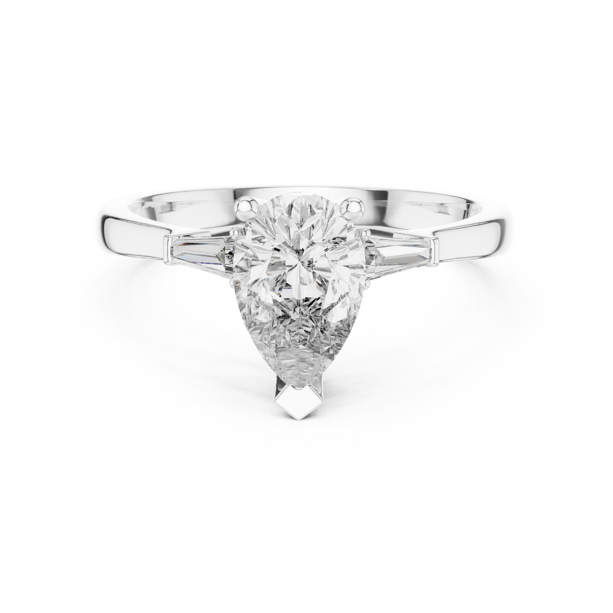 Pear Moissanite Ring with Tapered Baguette Sides in white 925 sterling silver, view 4