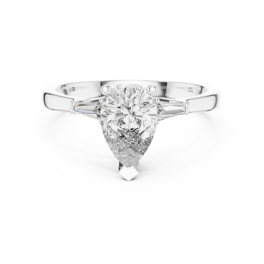Pear Moissanite Ring with Tapered Baguette Sides in white 925 sterling silver, view 4