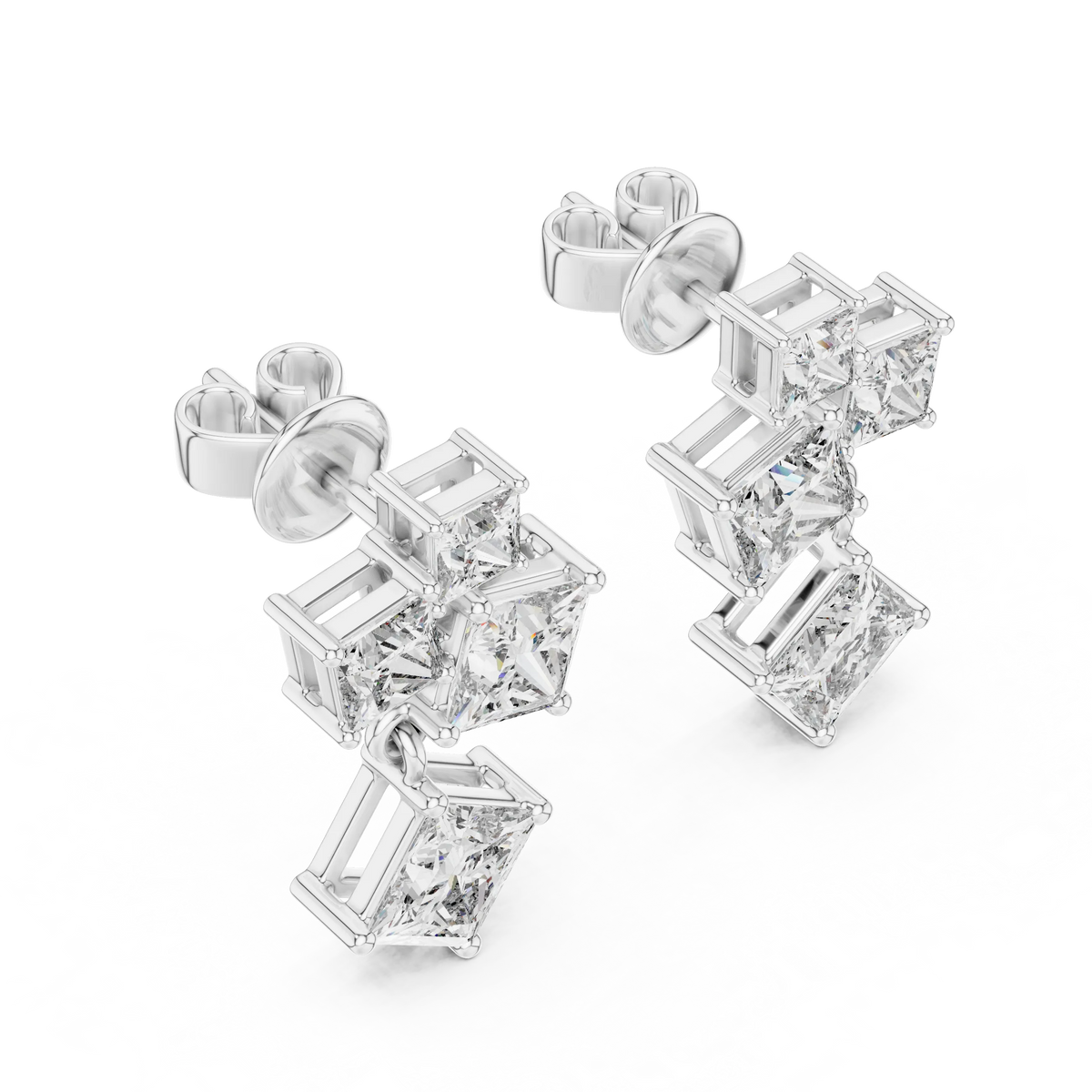 Princess cut moissanite cluster drop earrings in white 925 sterling silver, view 2