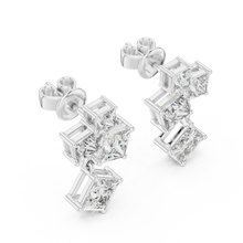 Princess cut moissanite cluster drop earrings in white 925 sterling silver, view 2