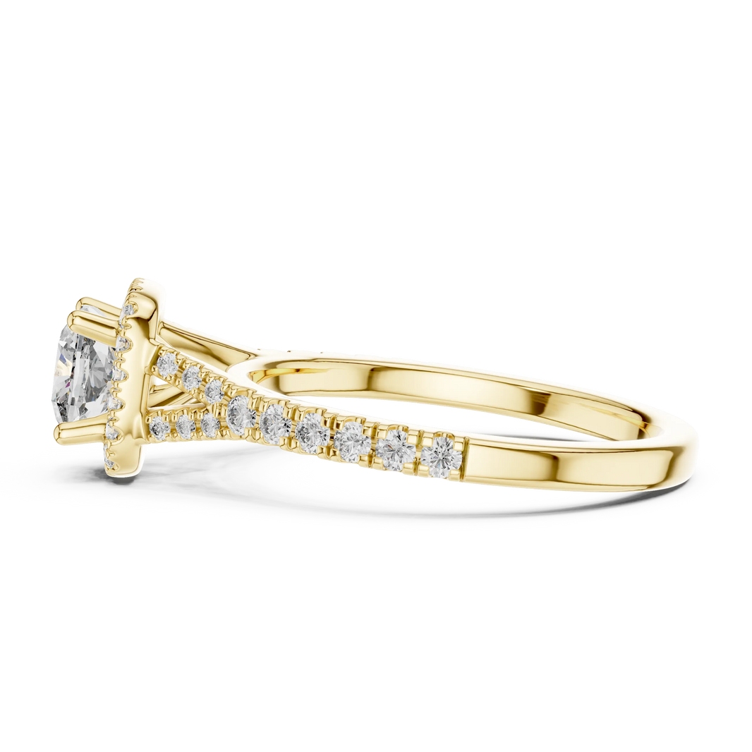 Cushion Halo Moissanite Engagement Ring in yellow 925 sterling silver, view 3