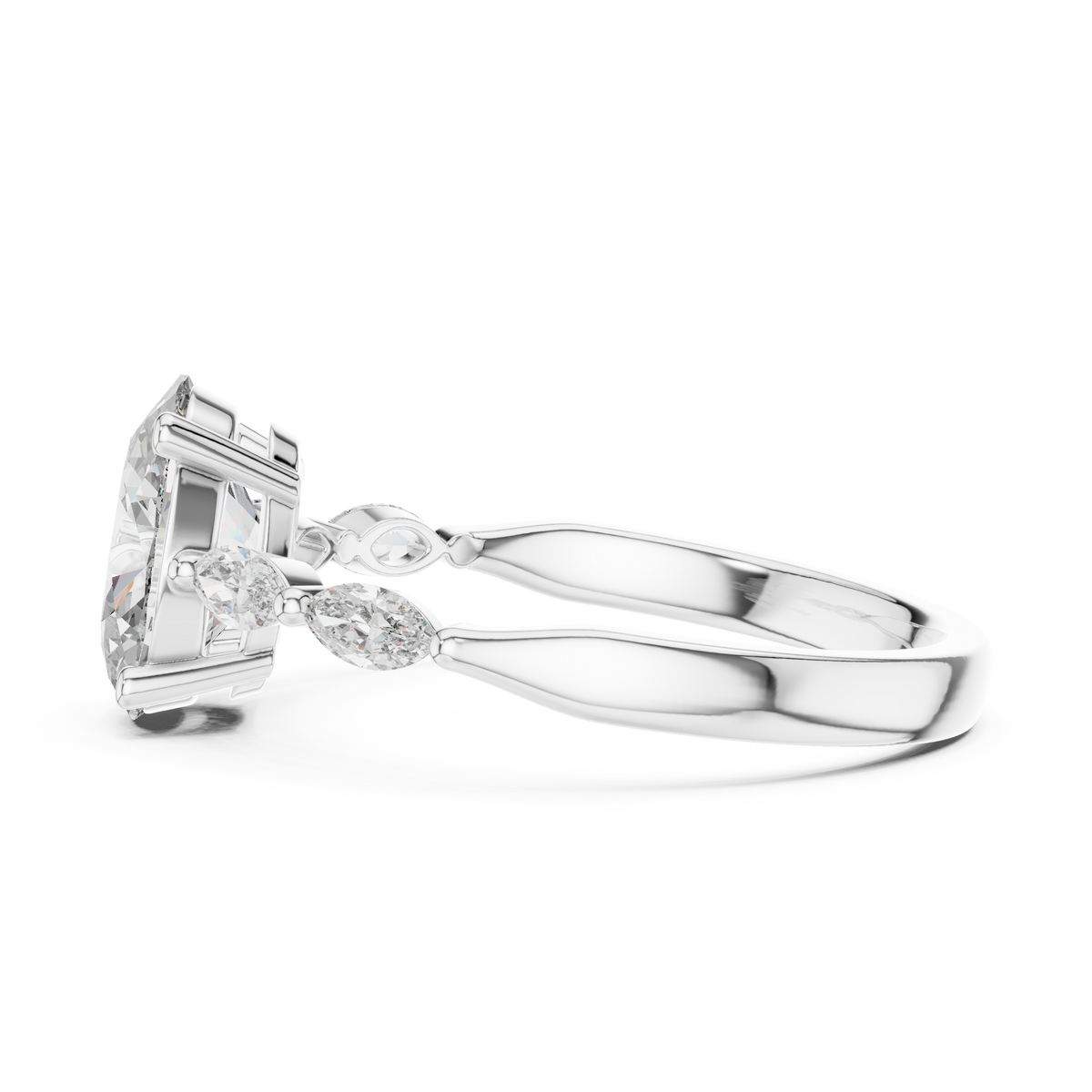 Oval Moissanite Ring with Marquise Accent Shoulders in white 925 sterling silver, view 3
