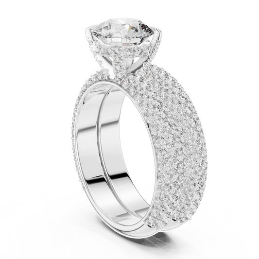 Round Solitaire Moissanite Ring with Wide Pavé Band in white 925 sterling silver, view 1