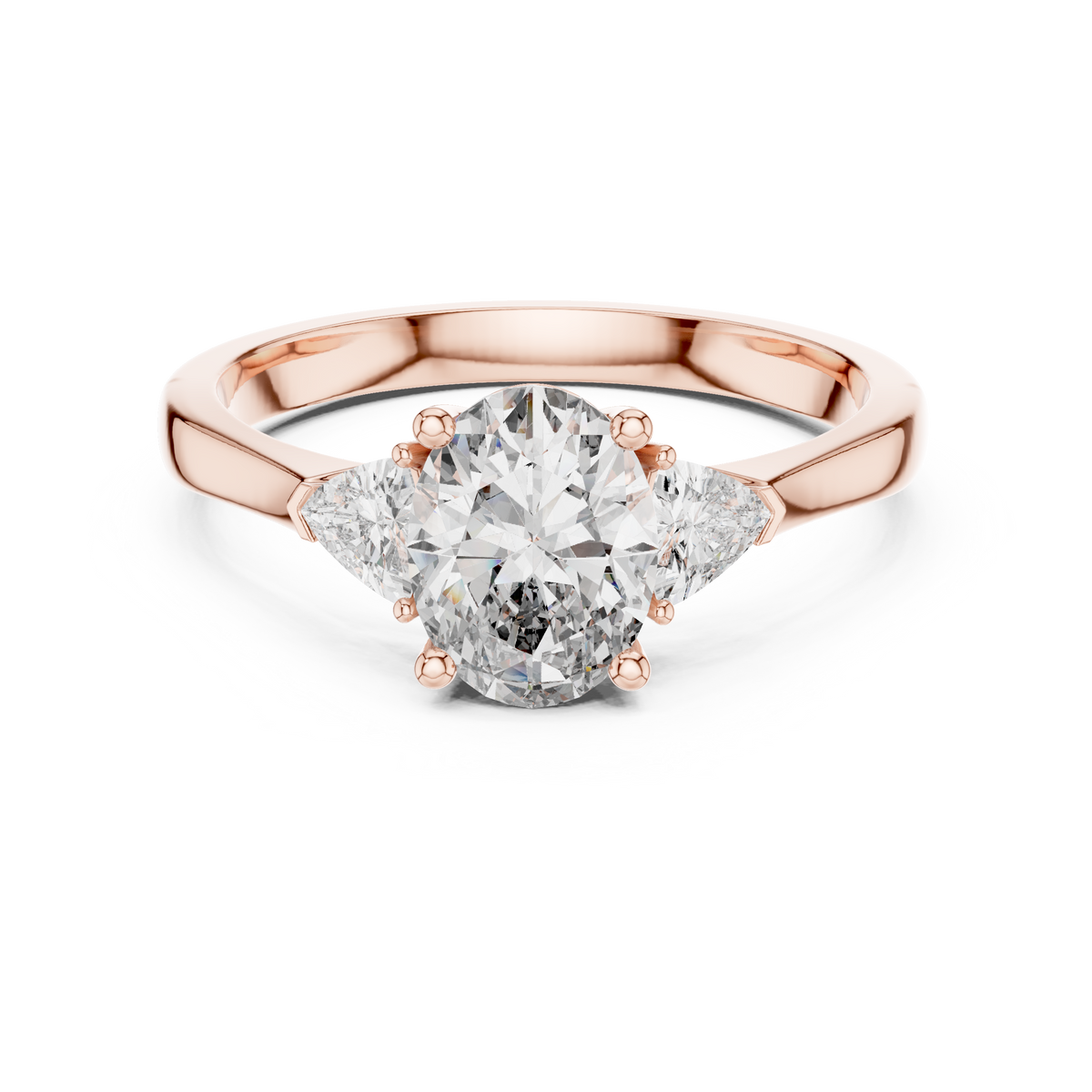 Oval and Trillion Three Stone Moissanite Ring in rose 925 sterling silver, view 4