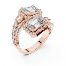Emerald Cut Halo Toi et Moi Moissanite Bypass Ring in rose 925 sterling silver, view 2