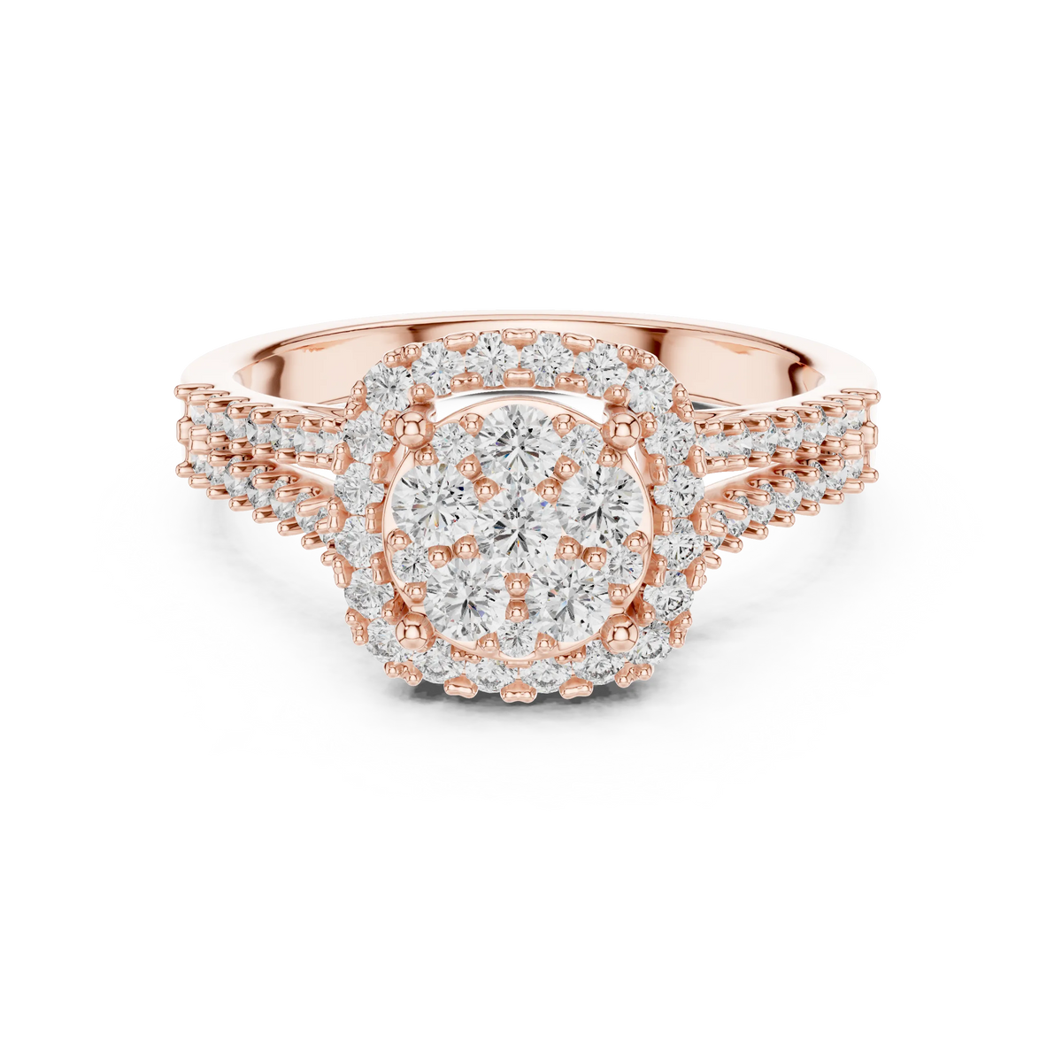 Round Cluster Halo Moissanite Ring with Split Pavé Shank in rose 925 sterling silver, view 4