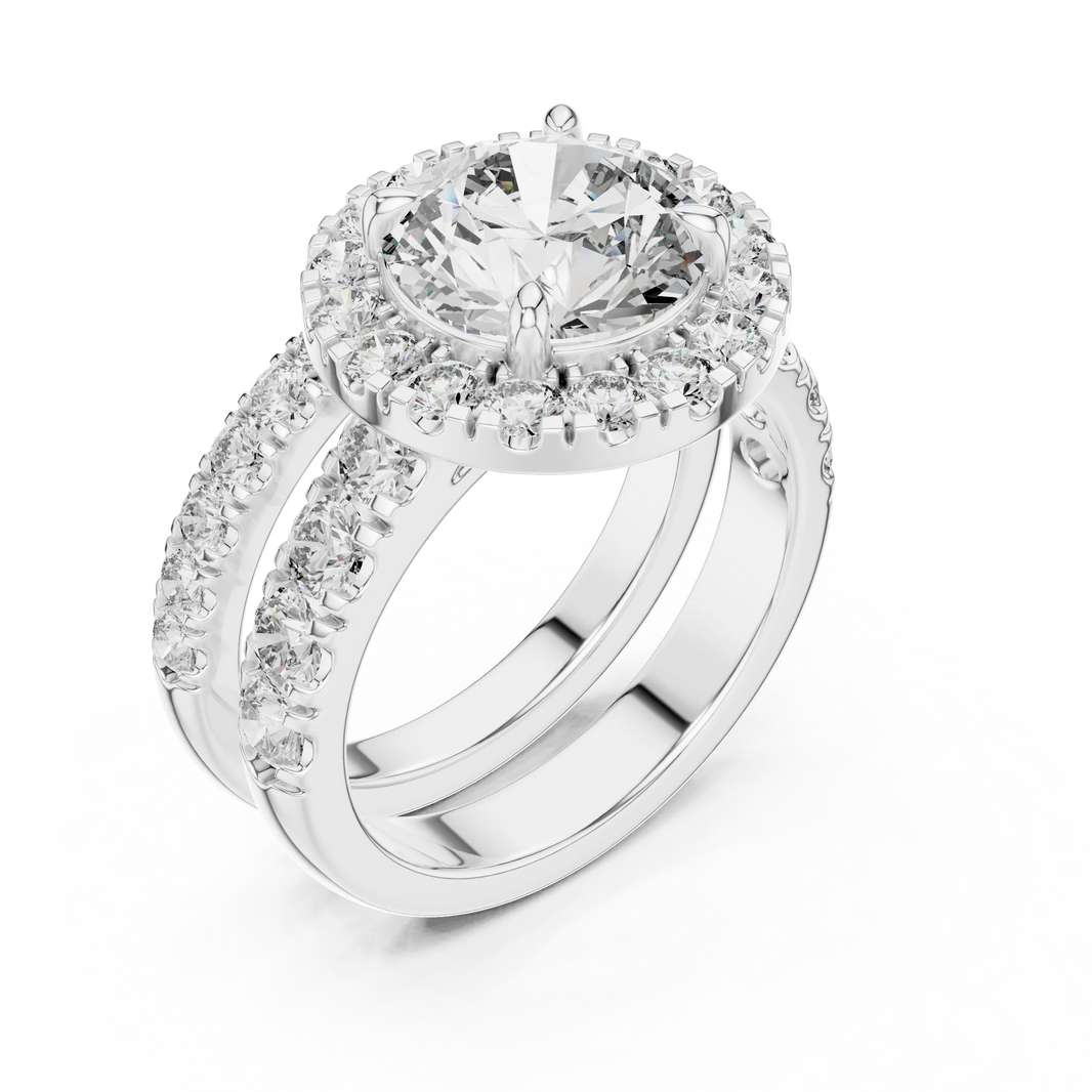 Round Halo Moissanite Double Band Ring in white 925 sterling silver, view 2