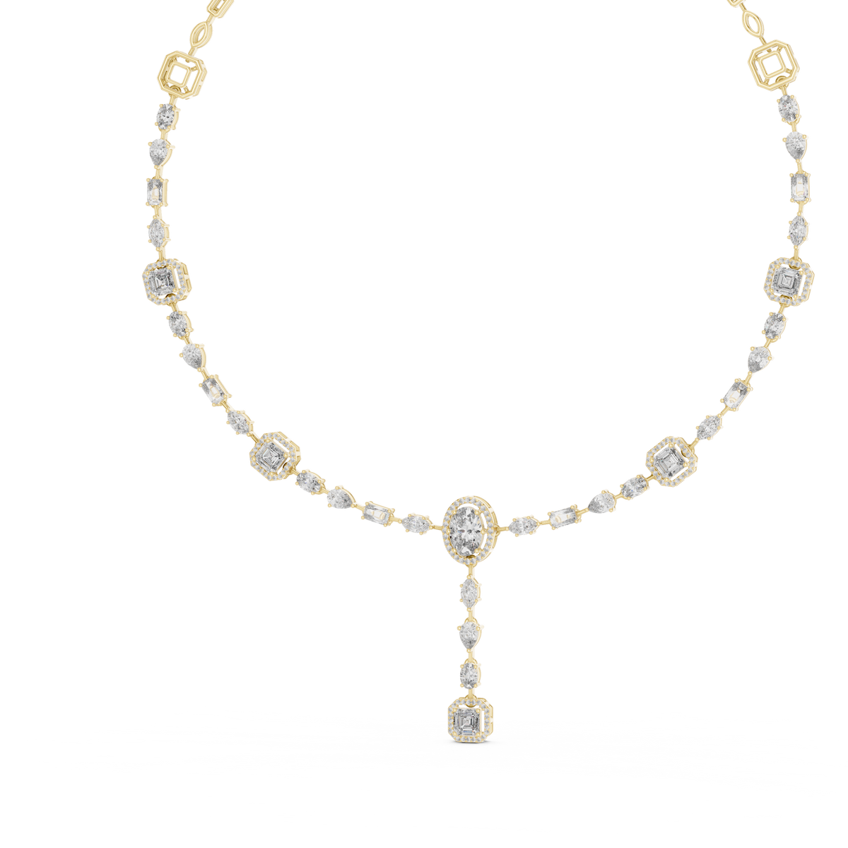 Halo Emerald Station Y Drop Necklace in yellow 925 sterling silver, view 2