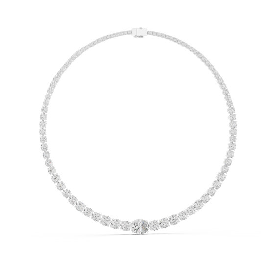 Graduated Round Tennis Necklace with Oval Centre in white 925 sterling silver, view 1