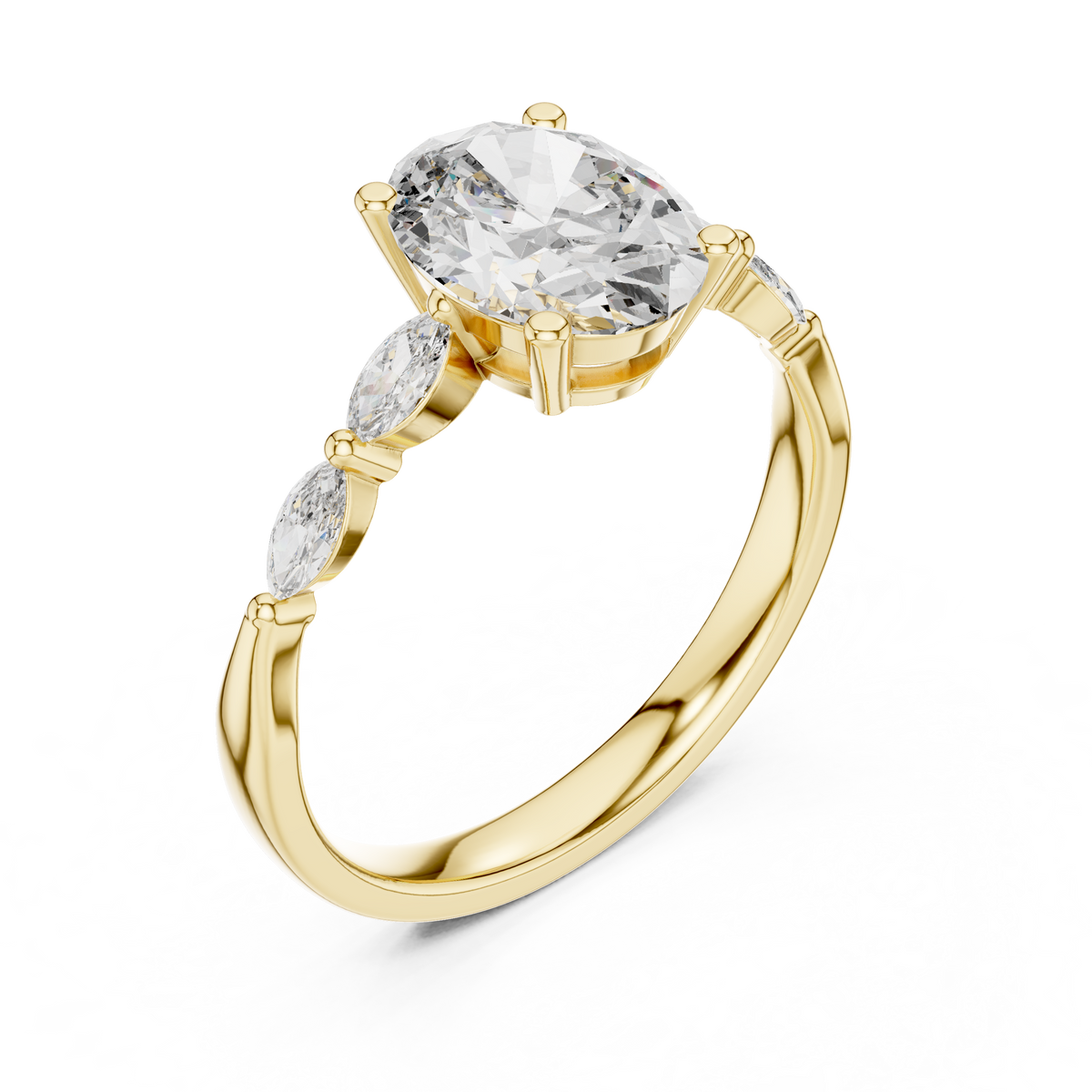 Oval Moissanite Ring with Marquise Accent Shoulders in yellow 925 sterling silver, view 2