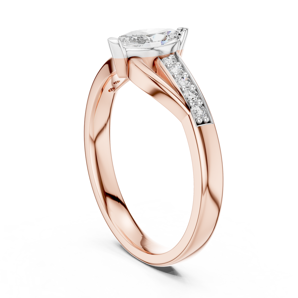Marquise Bypass Moissanite Ring with Pavé Shoulders in rose 925 sterling silver, view 1