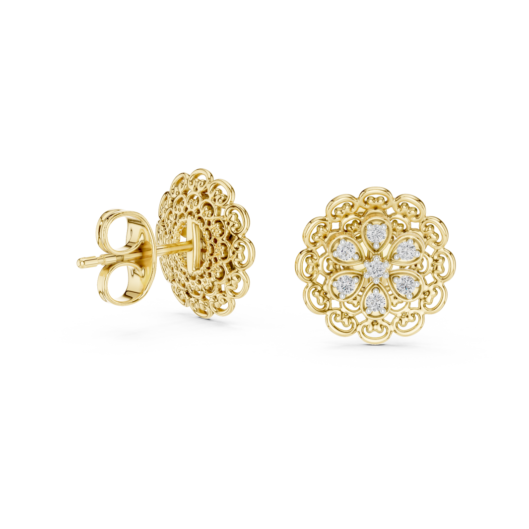Moissanite Lace Medallion Stud Earrings in yellow 925 sterling silver, view 1
