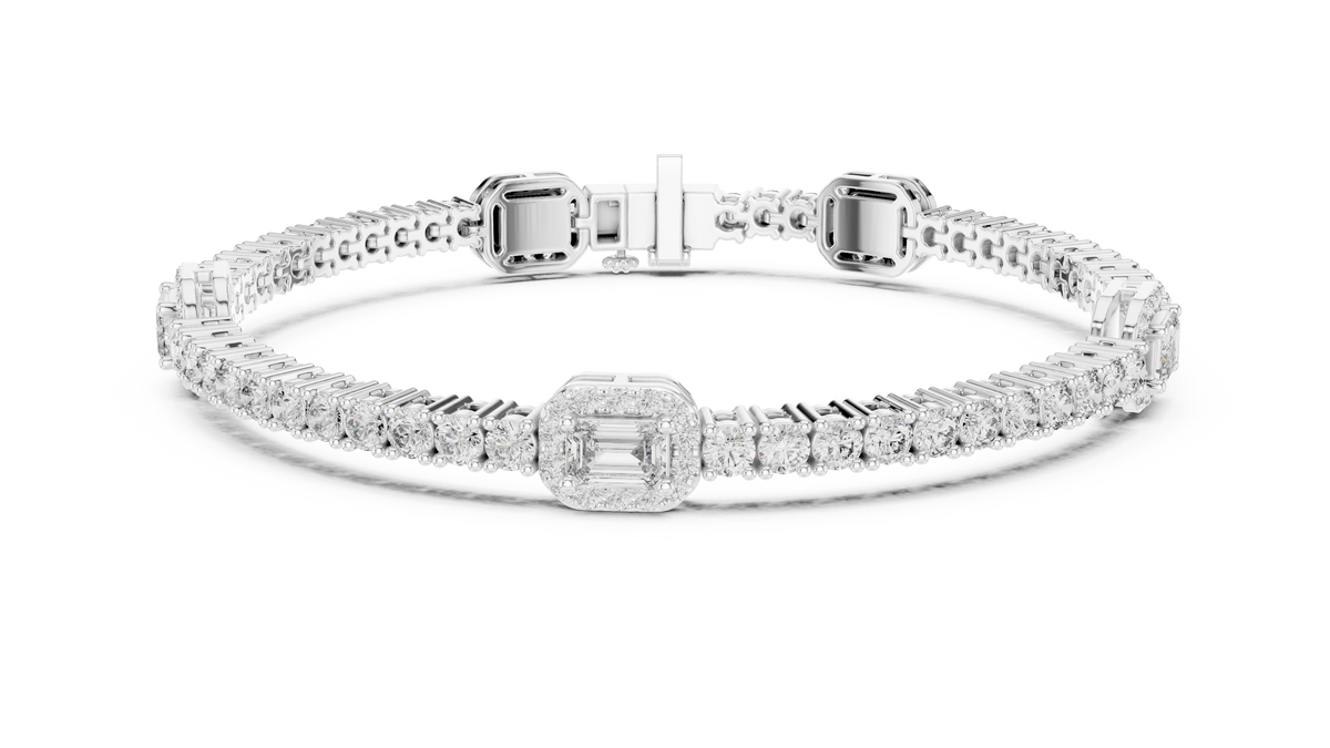 Emerald Halo Station Round Moissanite Tennis Bracelet in white 925 sterling silver, view 1