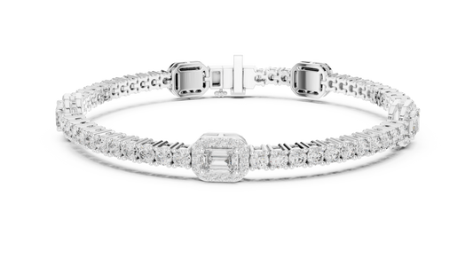 Emerald Halo Station Round Moissanite Tennis Bracelet in white 925 sterling silver, view 1