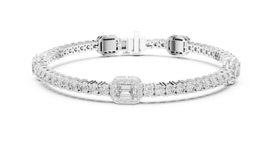 Emerald Halo Station Round Moissanite Tennis Bracelet in white 925 sterling silver, view 1