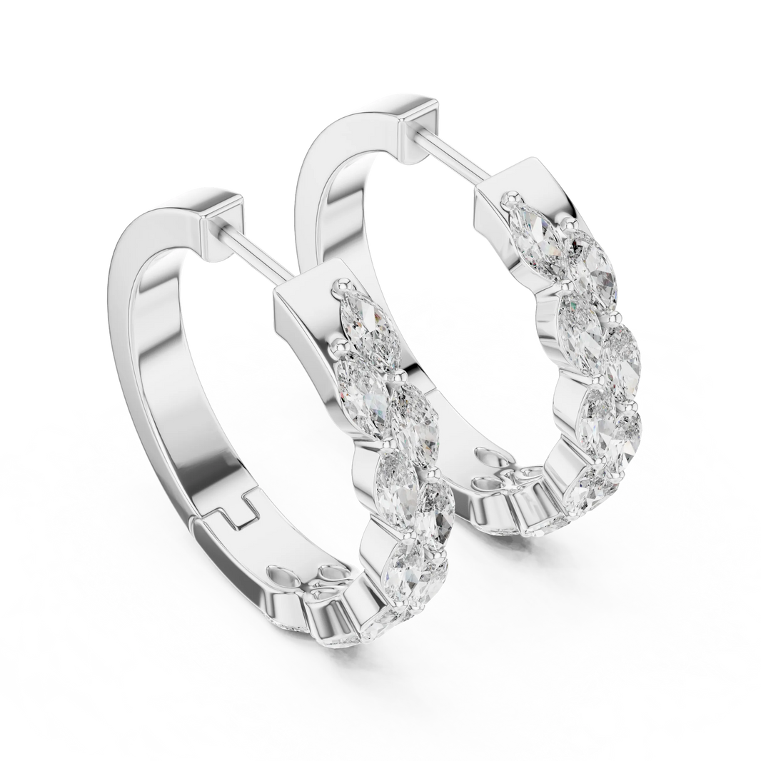 Marquise moissanite double row hoop earrings in white 925 sterling silver, view 2
