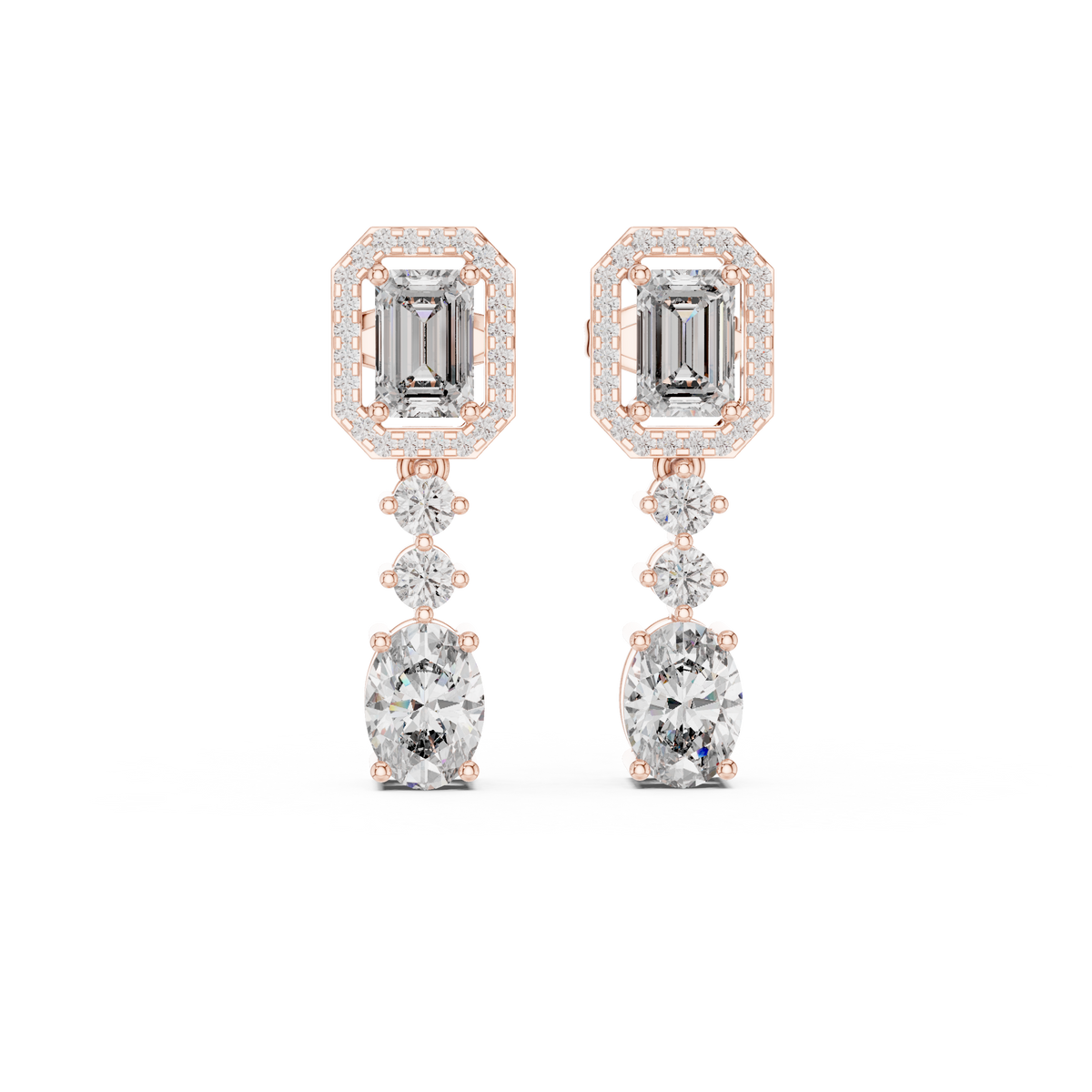 Emerald Halo Moissanite Oval Drop Earrings in rose 925 sterling silver, view 4