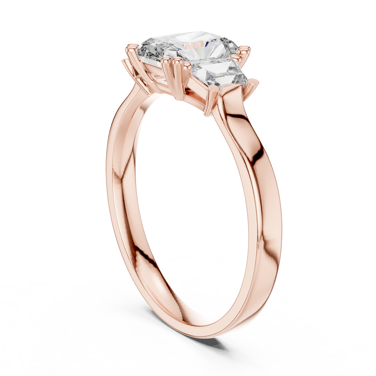 Radiant Cut Moissanite Ring with Trapezoid Side Stones in rose 925 sterling silver, view 1