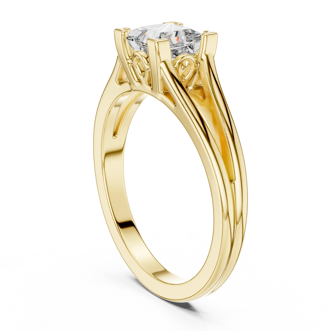 Princess Cut Solitaire Moissanite Split Shank Ring in yellow 925 sterling silver, view 1
