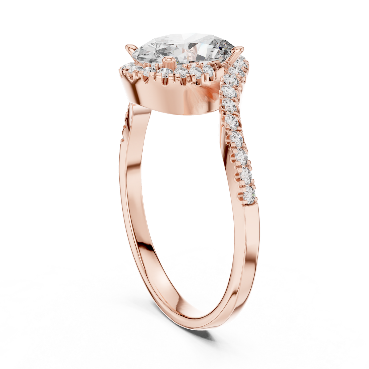 Oval Halo Moissanite Swirl Bypass Ring in rose 925 sterling silver, view 1