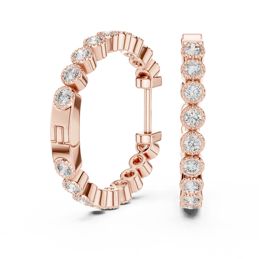 Moissanite milgrain bezel inside out hoop earrings in rose 925 sterling silver, view 1